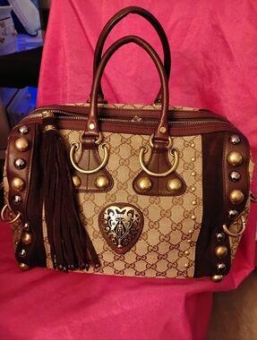 Gucci  Babouska Vintage Beige Brown Studded Canvas Boston Bag